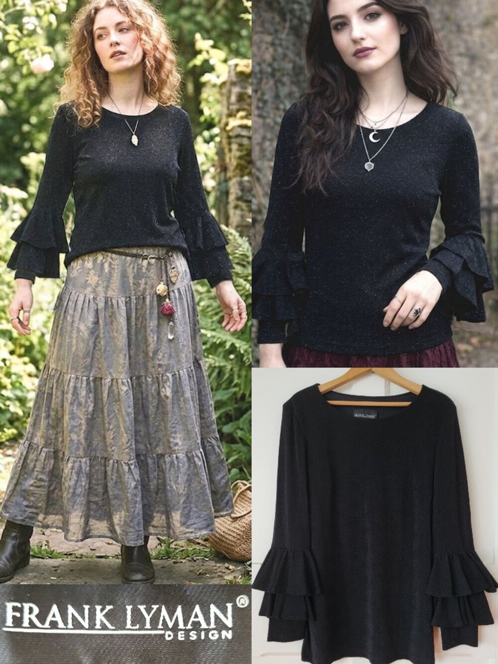 Vintage Frank Lyman Black Ruffles Bell Sleeves Top Blouse Whimsygoth Fairycore